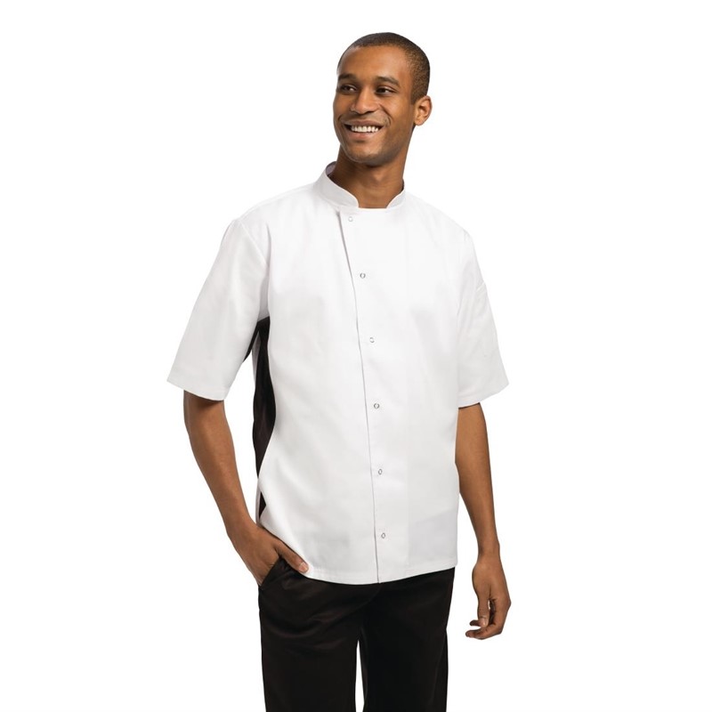 Veste de cuisine blanche/noir +bouton poussoir